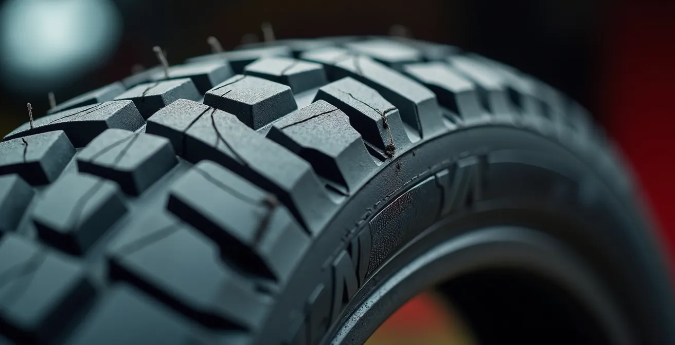 Extreme close-up of motorcycle tire showing worn center tread pattern