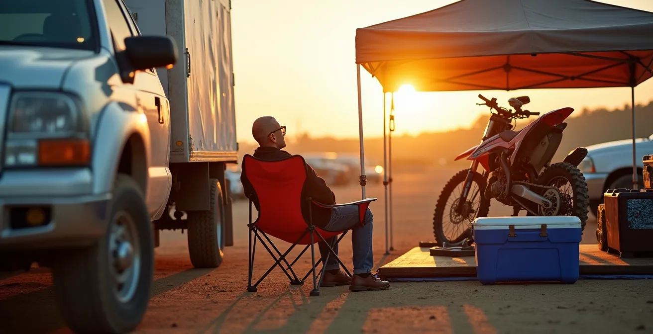 Pickup truck with motorcycle trailer and paddock setup at race track