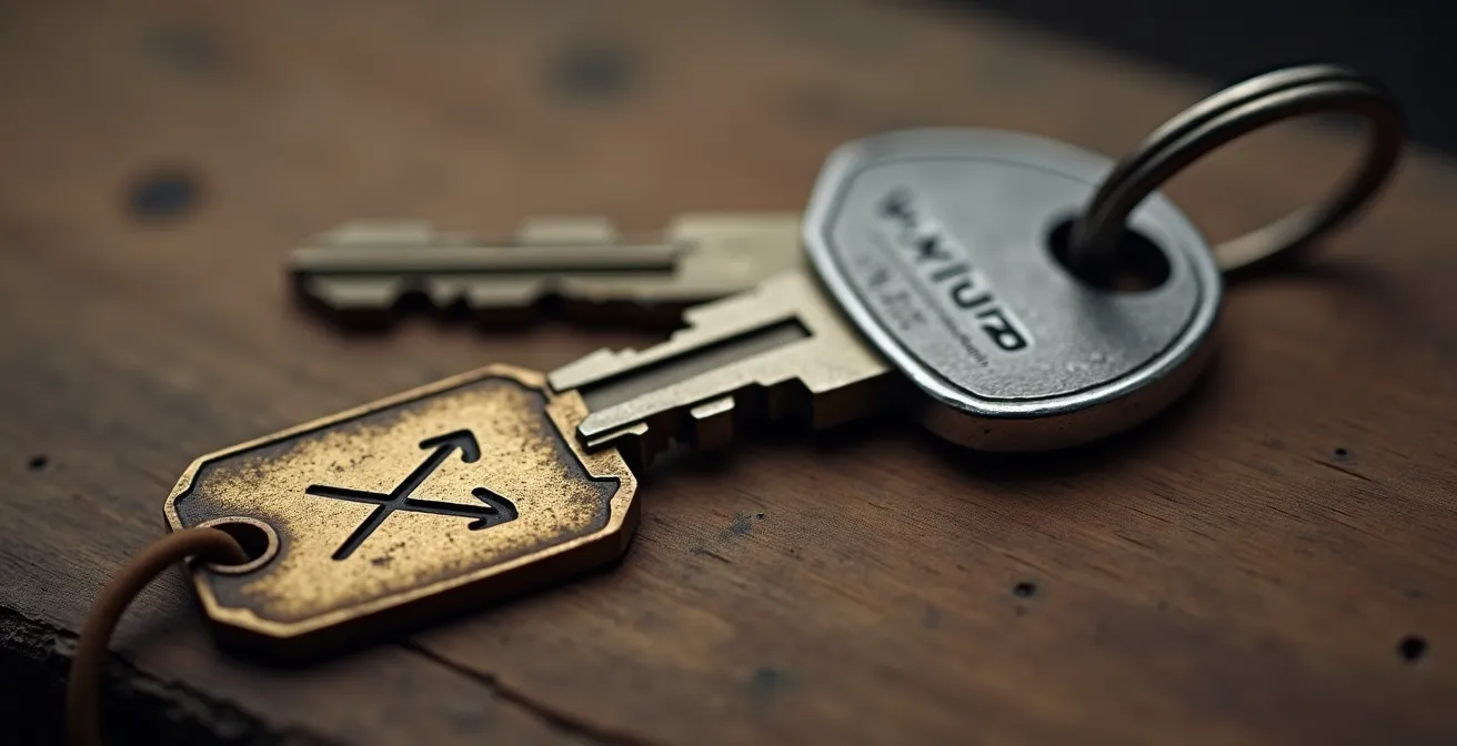 Close-up macro shot of motorcycle key with price tag showing depreciation concept