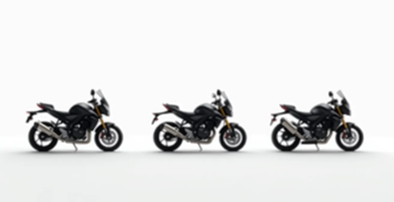 Three identical naked motorcycles showcasing different windscreen options from minimal to maximum protection