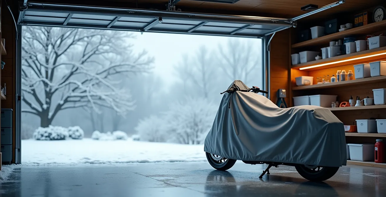 Wide shot of a covered motorcycle in a clean garage during winter with snow visible through window