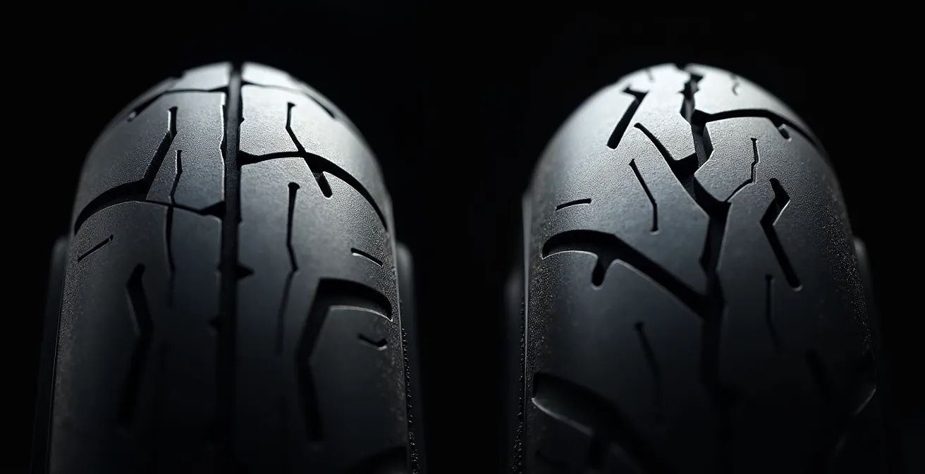 Cross-section view showing triangular tire profile on narrow rim versus round profile on proper width rim