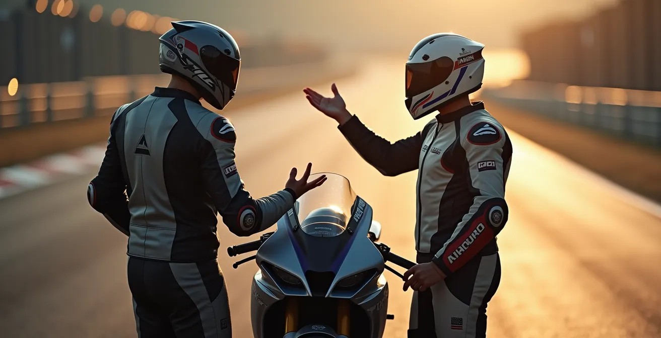 Track instructor demonstrating body position to novice rider at racing school