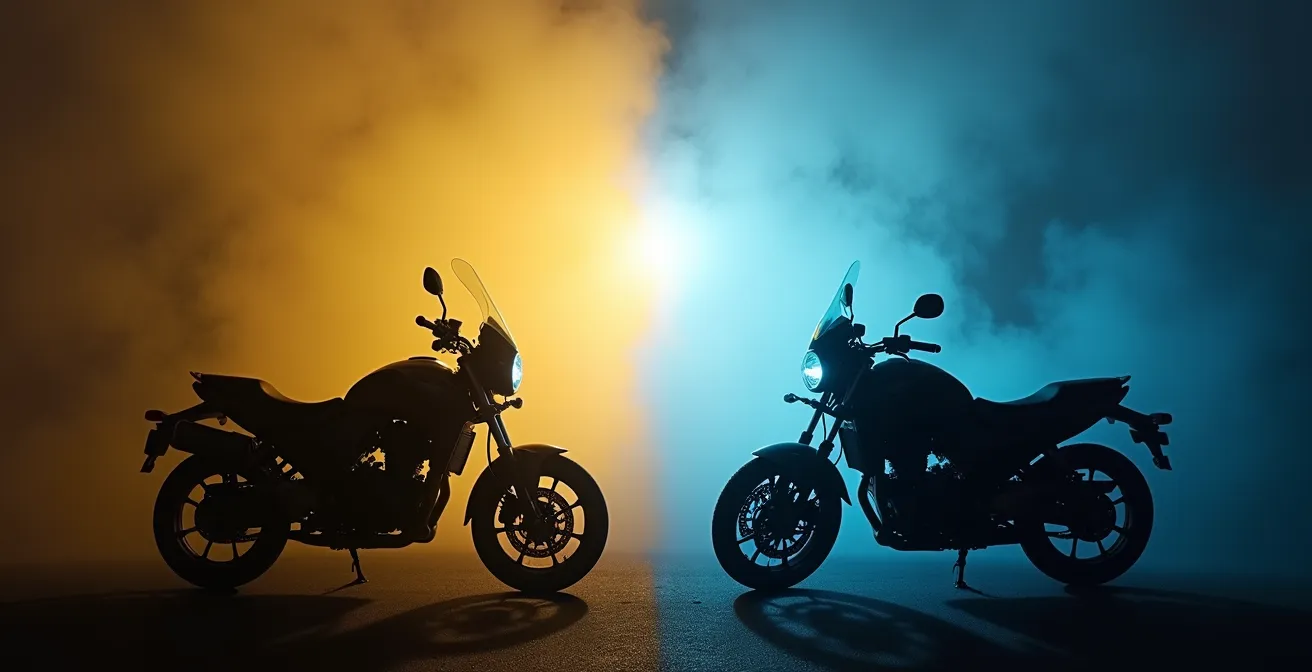 Split-screen comparison of yellow and white motorcycle fog lights illuminating foggy conditions