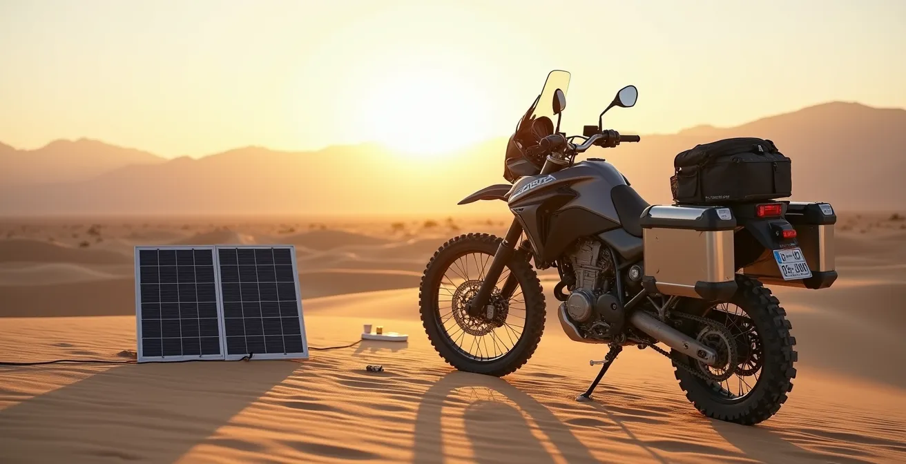 Adventure motorcycle with solar panel setup in desert landscape
