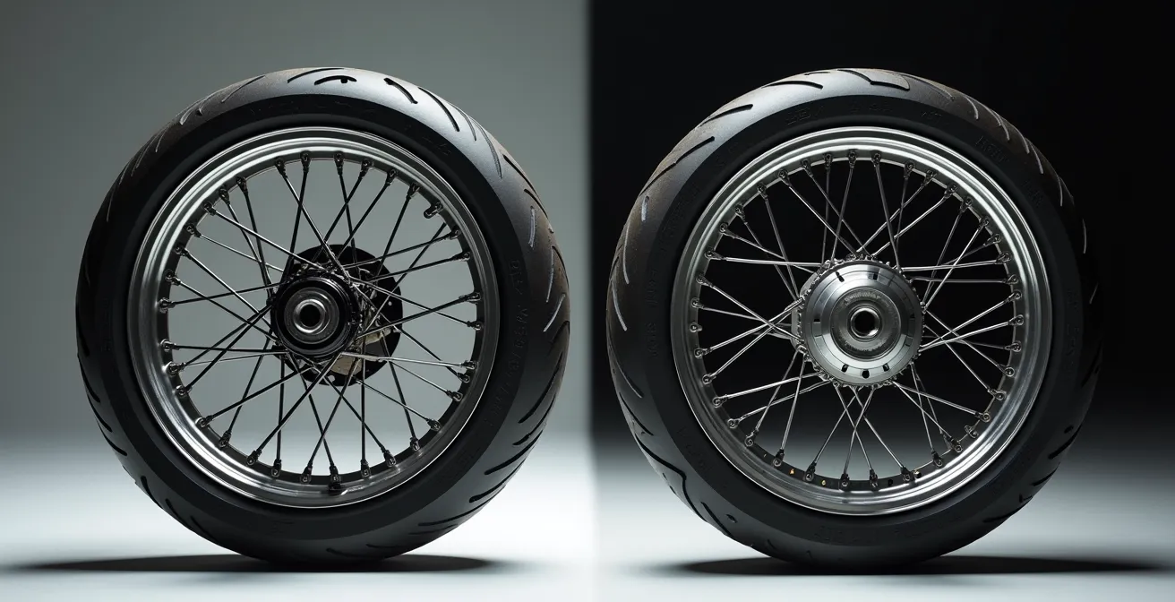 Side-by-side comparison of spoked and cast motorcycle wheels showing different damage patterns from pothole impacts