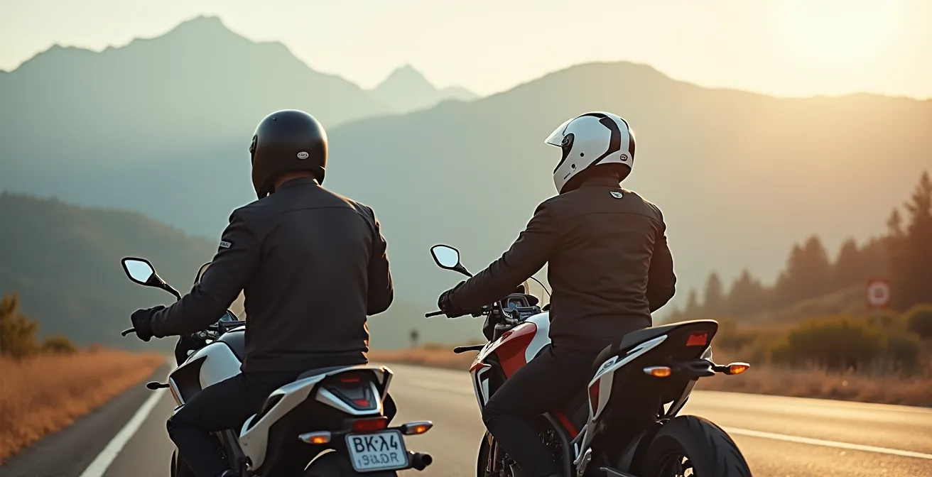 Sport tourer and adventure motorcycle riding side by side on highway