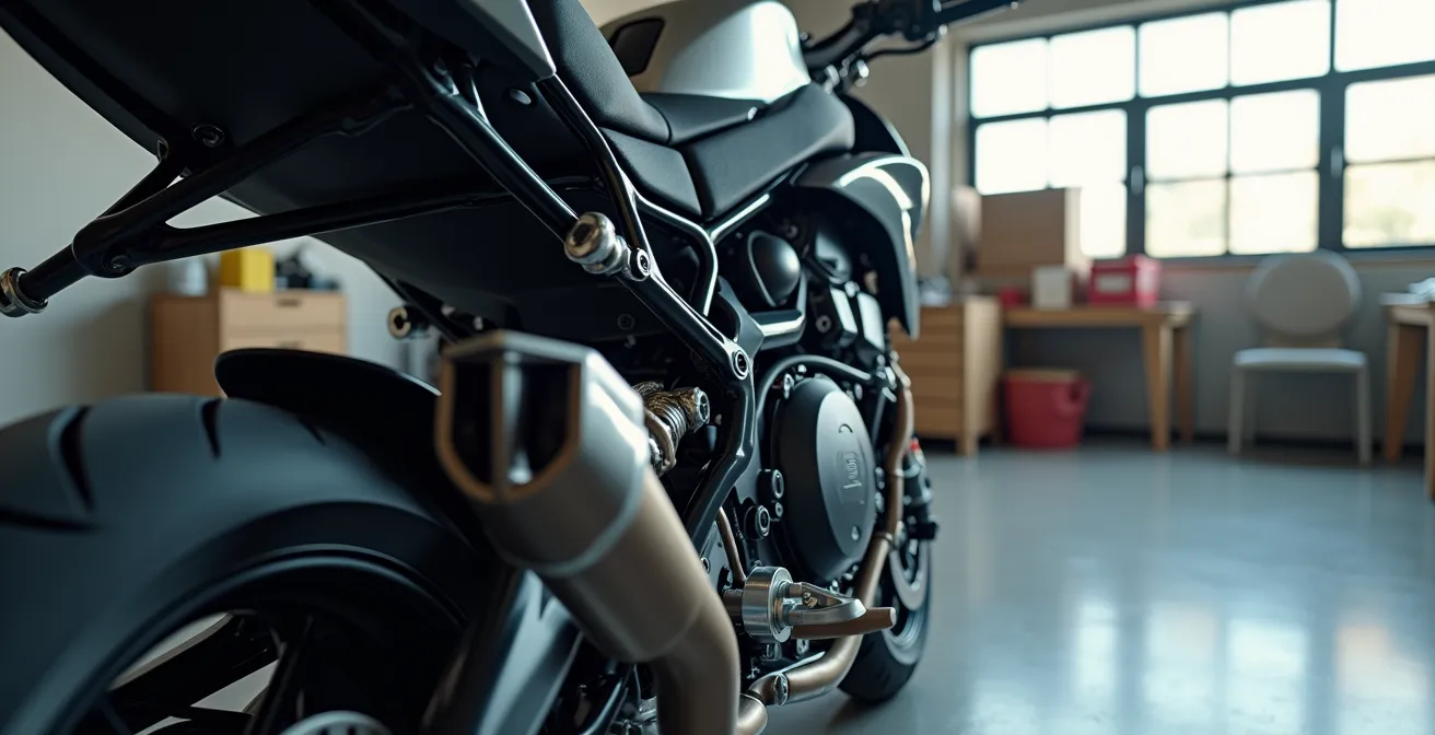 Cross-section view showing engine mount points transmitting vibration through motorcycle frame