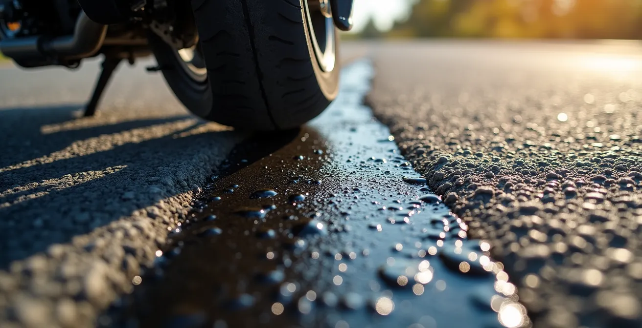 Close-up view of motorcycle tire crossing tar snake repair on hot asphalt