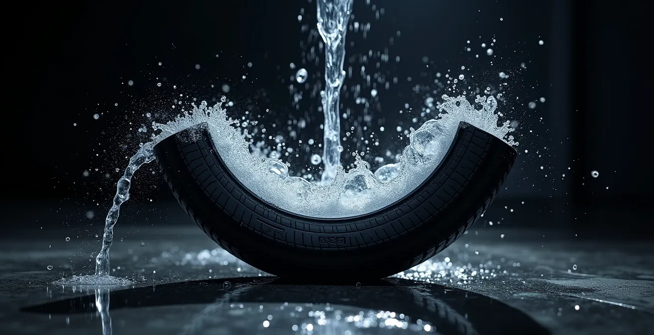 Cross-section view of motorcycle tire showing water flow through tread grooves during rain