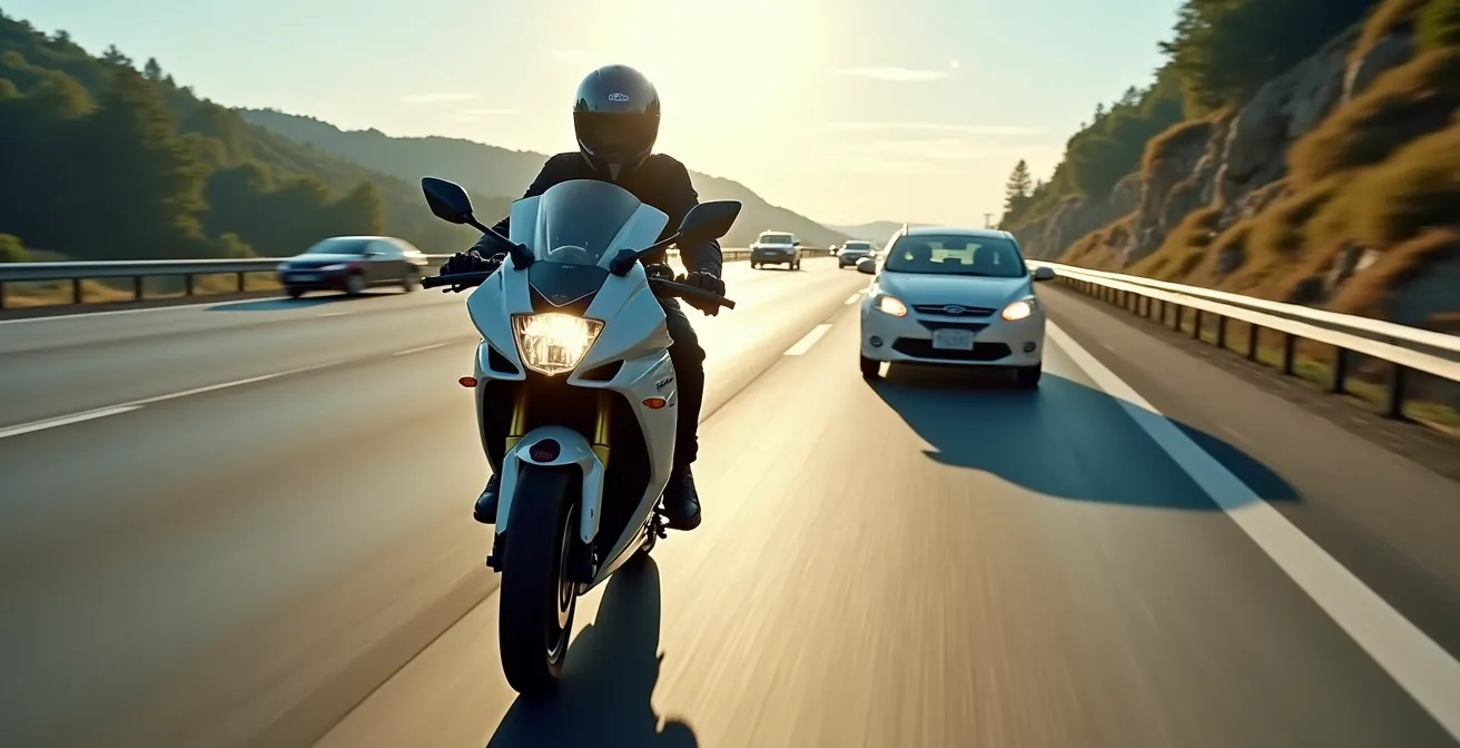 Rider positioning motorcycle strategically in traffic for cooling