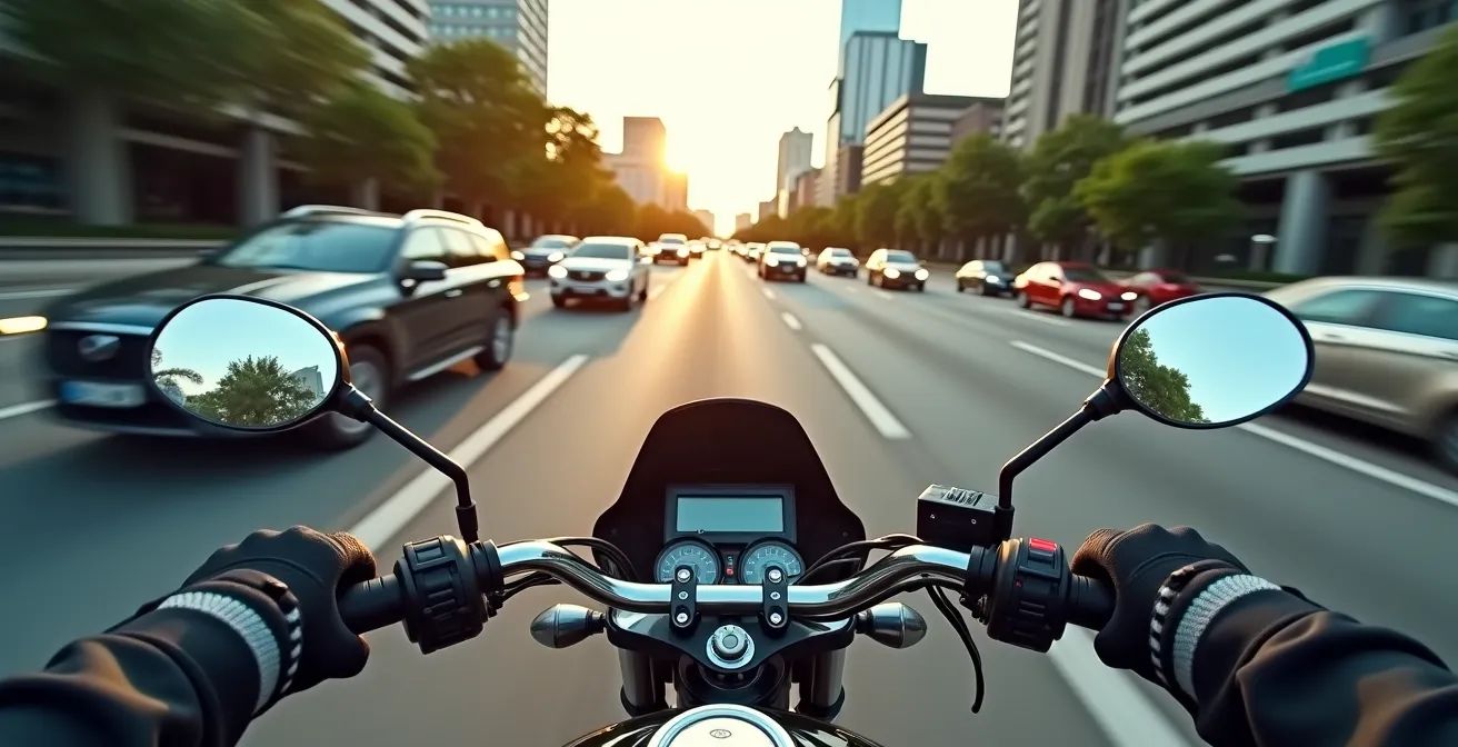 A split-screen rider's perspective showing dense city traffic on the left and an open highway on the right, illustrating the efficiency contrast.