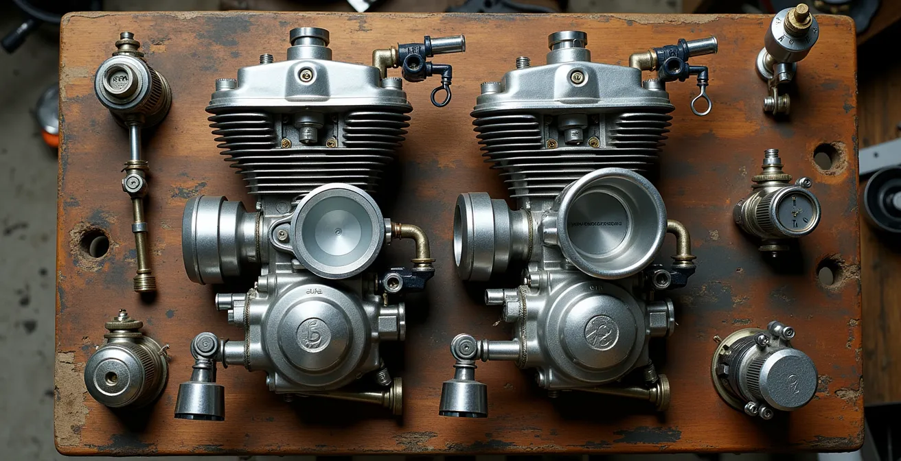 Detailed view of a vintage motorcycle's carburetor system and engine components