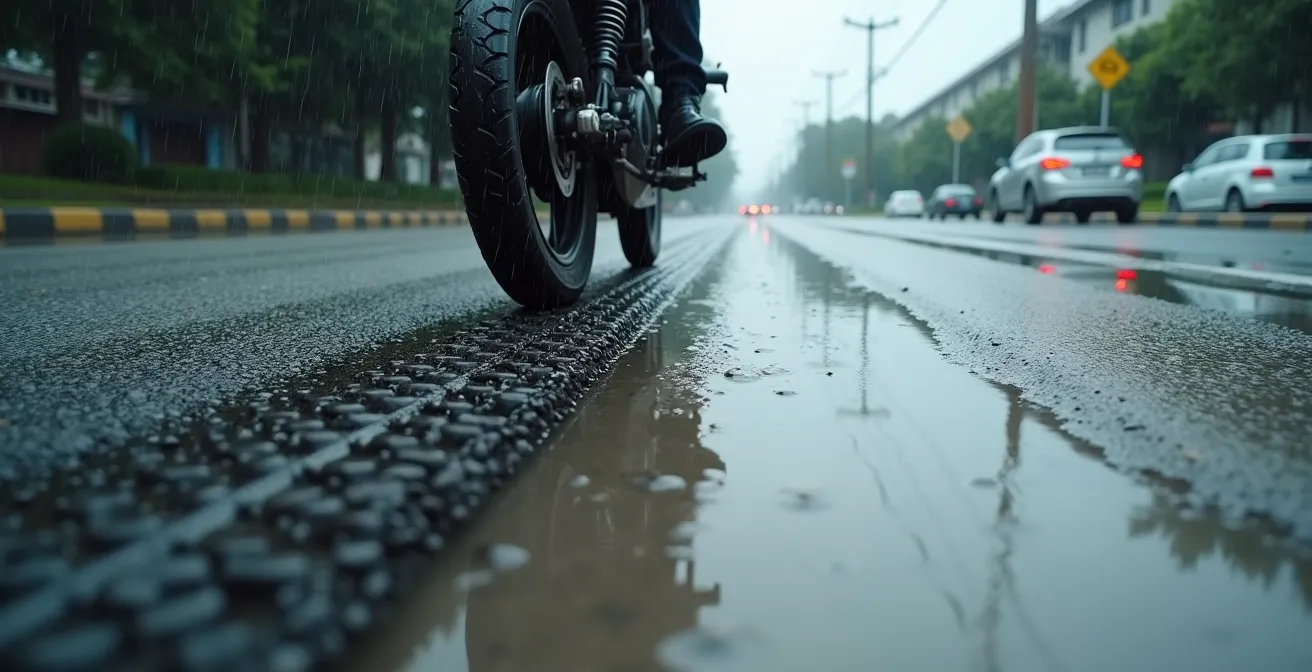 Motorcycle tire contact patches on wet asphalt versus concrete surfaces showing water displacement differences