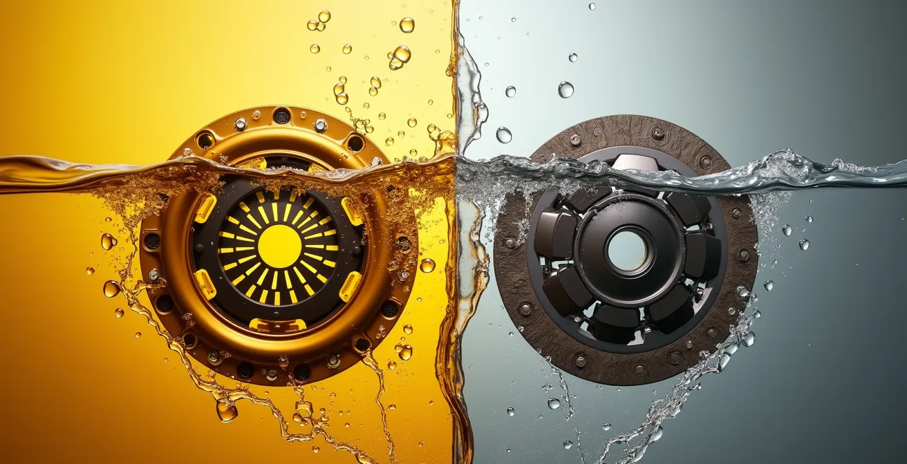 Cross-sectional view comparing wet and dry clutch assemblies in motorcycles
