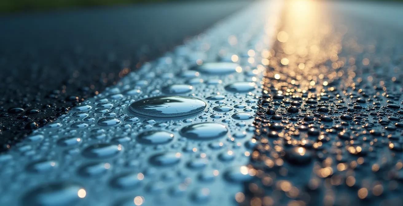 Close-up macro view of wet road marking surface showing glass bead texture and water beading